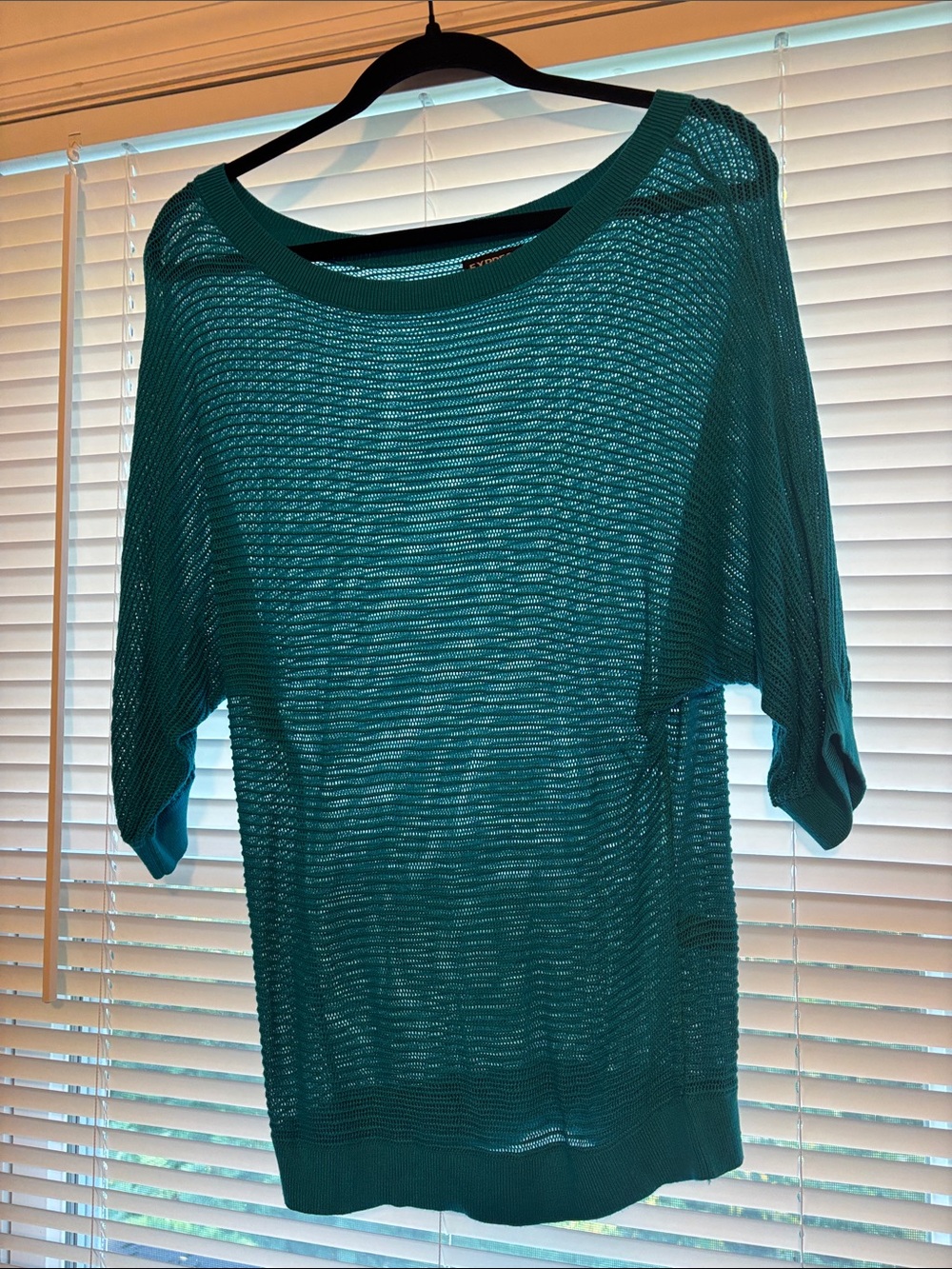 Express Teal Open-Weave Crewneck Sweater